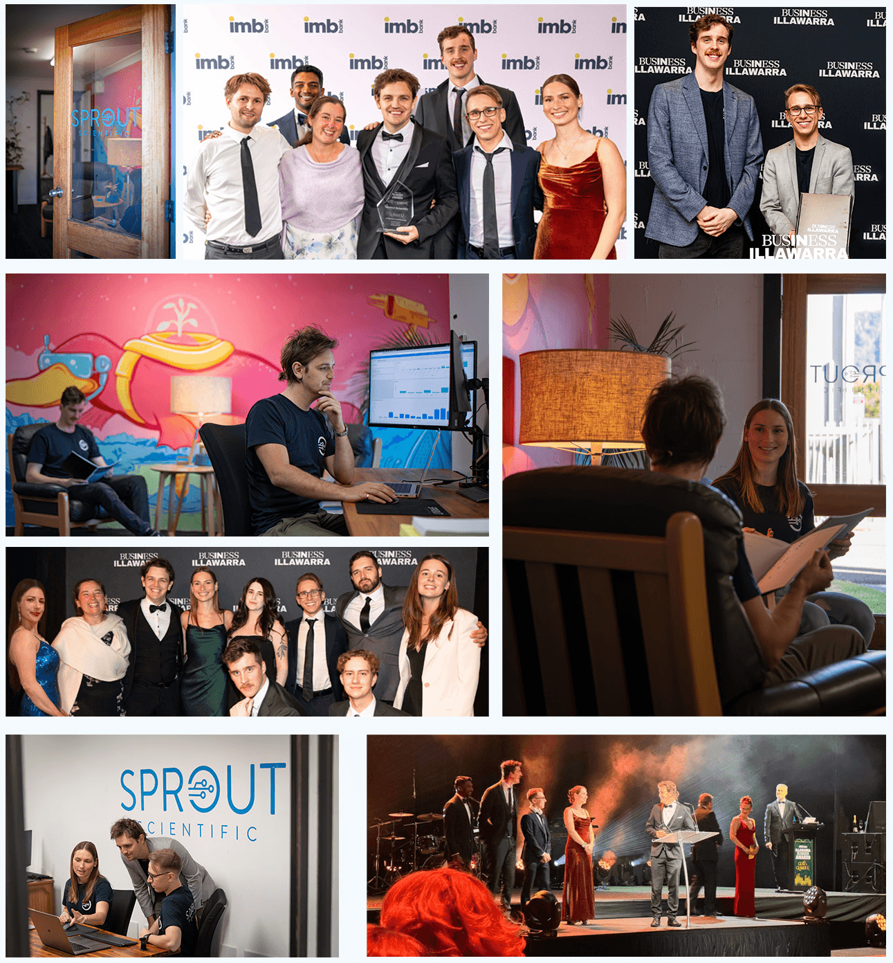 collage of team members and awards